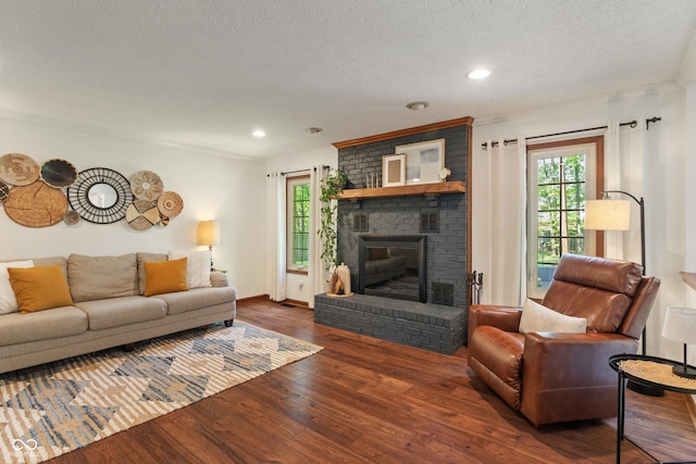 living room with a fireplace, wood finished floors, healthy amount of natural light, crown molding, and a textured ceiling