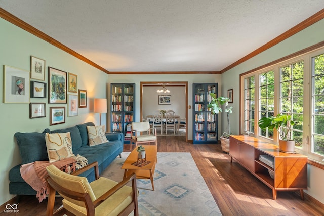 living area featuring dark wood-style flooring, crown molding, and a textured ceiling