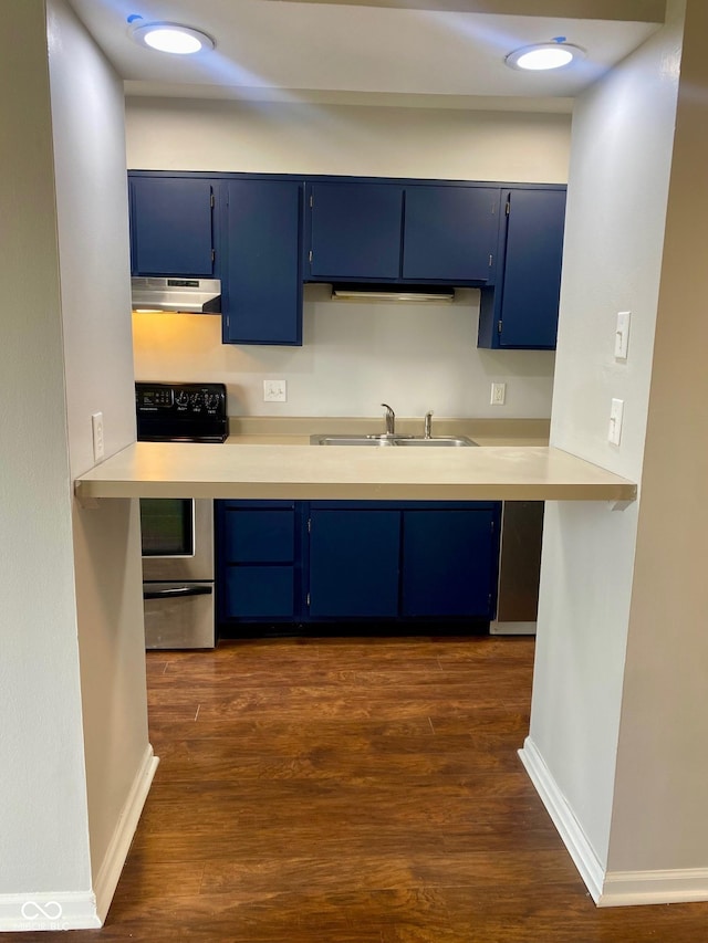 1150 Canterbury Ct Apt D, Indianapolis, IN 46260 - kitchen featuring stainless steel electric stove, blue cabinetry, under cabinet range hood, and a sink