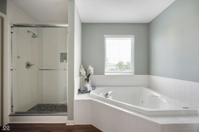 12331 Chiseled Stone Dr, Fishers, IN 46037 - bathroom featuring a stall shower, a tub with jets, and wood finished floors