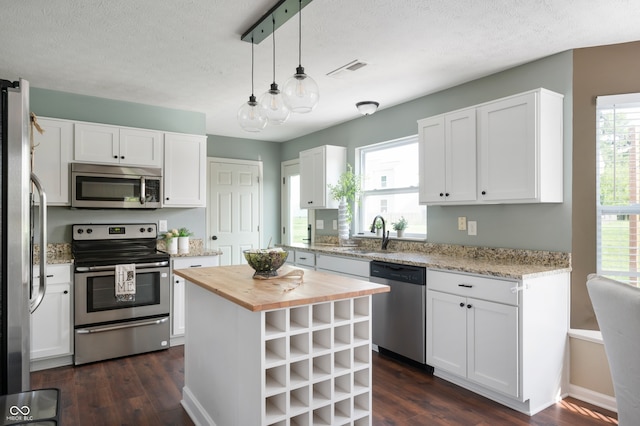 12331 Chiseled Stone Dr, Fishers, IN 46037 - kitchen with appliances with stainless steel finishes, wood counters, dark wood finished floors, open shelves, and a textured ceiling