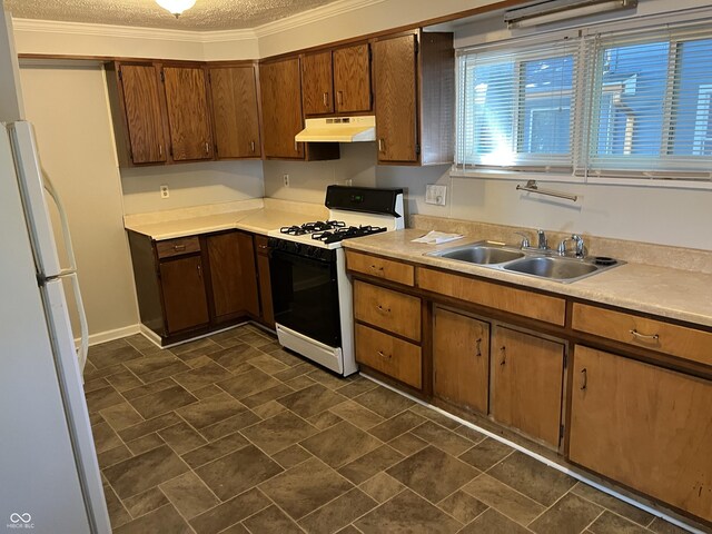 903 W 22nd St, Anderson, IN 46016 - kitchen with range with gas cooktop, under cabinet range hood, a sink, light countertops, and freestanding refrigerator