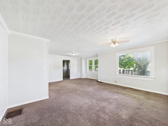 903 W 22nd St, Anderson, IN 46016 - carpeted empty room with baseboards, a textured ceiling, ornamental molding, and a ceiling fan