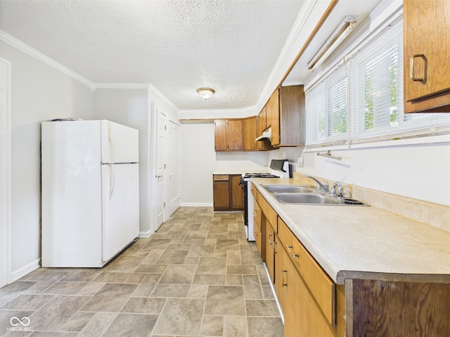 903 W 22nd St, Anderson, IN 46016 - kitchen featuring freestanding refrigerator, gas range, a sink, stone finish floors, and light countertops