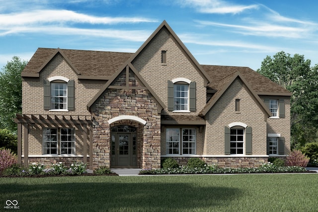 1475 Old Hickory Ln, Westfield, IN 46074 - french country home with a front yard, stone siding, brick siding, and a pergola
