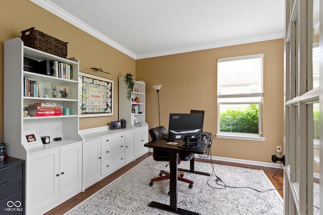 home office with crown molding, dark wood-style flooring, and baseboards