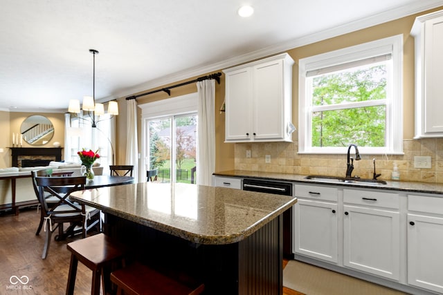 kitchen featuring a sink, healthy amount of natural light, backsplash, white cabinets, and crown molding