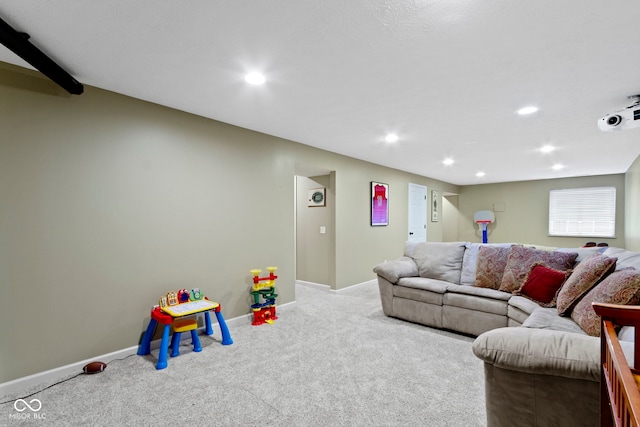 living room featuring carpet flooring, recessed lighting, and baseboards