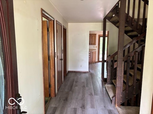 310 S Shady Ln, Muncie, IN 47304 - hallway with stairway, dark wood-style floors, and baseboards