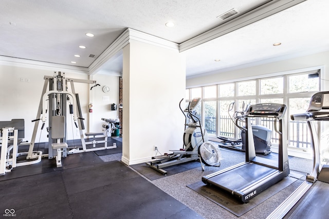 8690 Jaffa Ct W Drive 28, Indianapolis, IN 46260 - exercise room with crown molding, recessed lighting, baseboards, and a textured ceiling