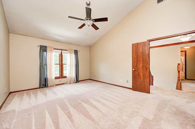 9158 Oak Knoll Ln, Fishers, IN 46037 - empty room featuring a ceiling fan, carpet flooring, and high vaulted ceiling