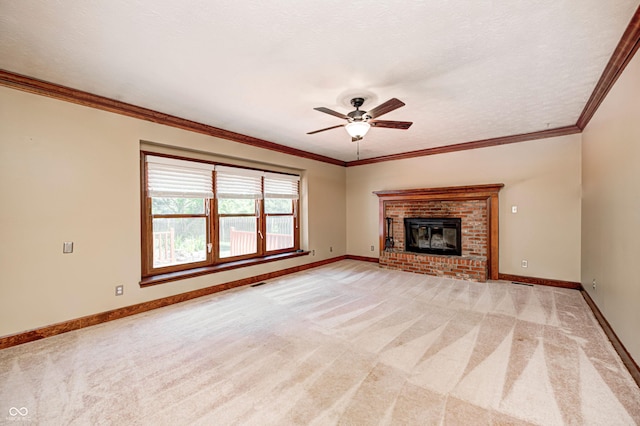 9158 Oak Knoll Ln, Fishers, IN 46037 - unfurnished living room with light colored carpet, a ceiling fan, a fireplace, and ornamental molding