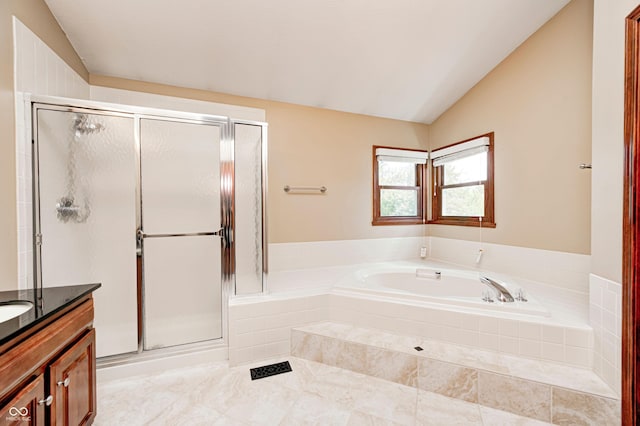 9158 Oak Knoll Ln, Fishers, IN 46037 - bathroom with vanity, lofted ceiling, a bath, and a shower stall