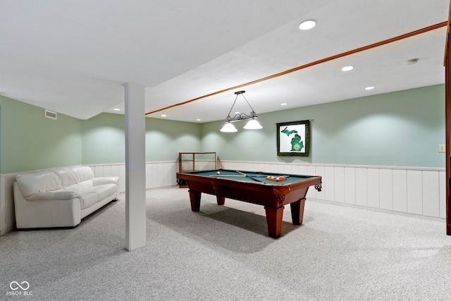 playroom featuring a wainscoted wall, recessed lighting, carpet, and billiards