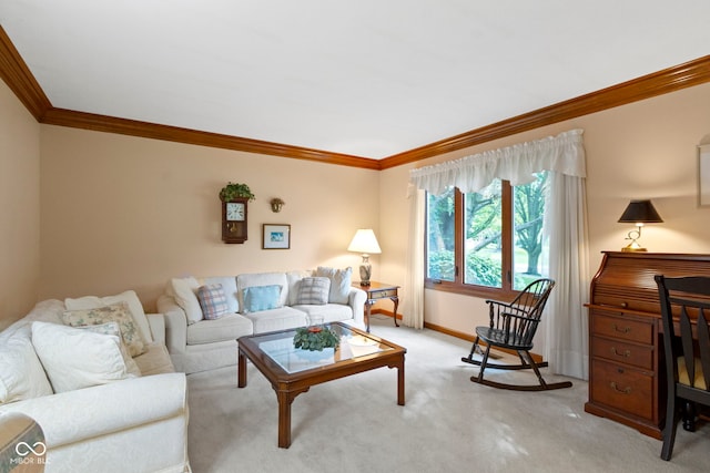 living area featuring ornamental molding, baseboards, and light colored carpet