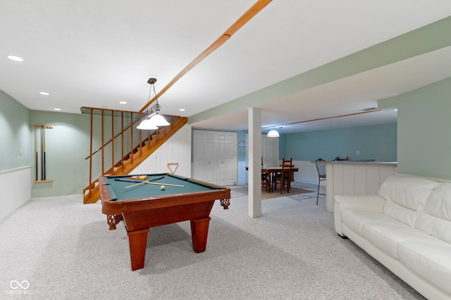 recreation room with carpet floors, pool table, and recessed lighting