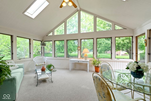 sunroom featuring a skylight, carpet, and high vaulted ceiling