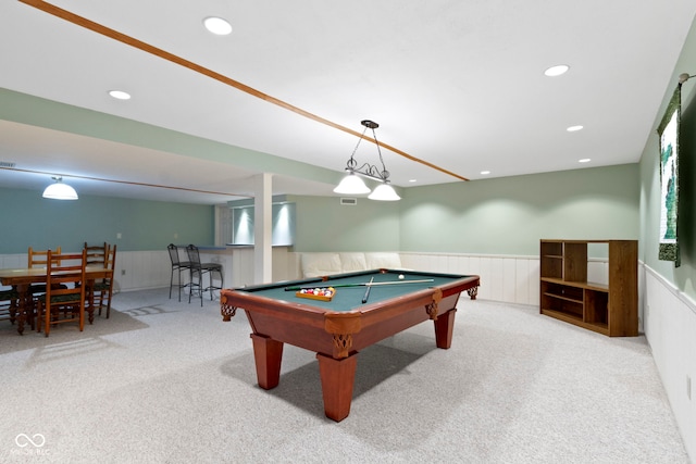 rec room featuring wainscoting, carpet floors, billiards table, and recessed lighting