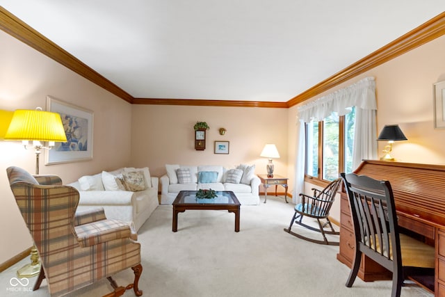 living room with crown molding, light colored carpet, and baseboards
