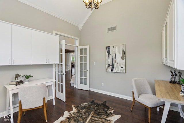 3744 Abney Point Dr, Carmel, IN 46077 - home office with ornamental molding, french doors, dark wood-style flooring, baseboards, and a chandelier