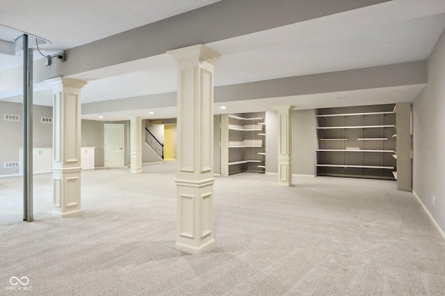 3744 Abney Point Dr, Carmel, IN 46077 - finished basement featuring light carpet, stairs, baseboards, built in features, and recessed lighting