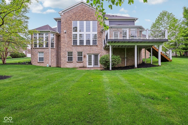 3744 Abney Point Dr, Carmel, IN 46077 - back of property featuring brick siding, a wooden deck, stairs, a lawn, and french doors