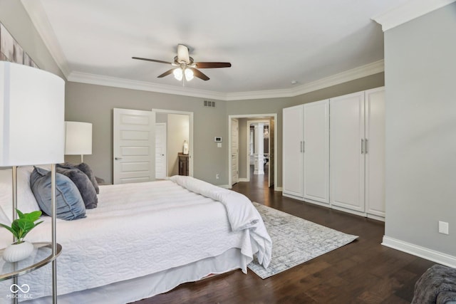 3744 Abney Point Dr, Carmel, IN 46077 - bedroom featuring baseboards, dark wood-style floors, crown molding, and ceiling fan