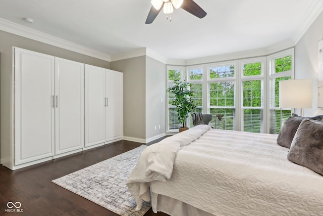 3744 Abney Point Dr, Carmel, IN 46077 - bedroom with crown molding, dark wood-style floors, baseboards, and a ceiling fan