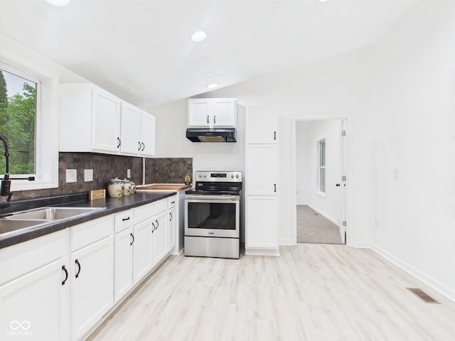 kitchen with stainless steel range with electric cooktop, under cabinet range hood, a sink, lofted ceiling, and backsplash