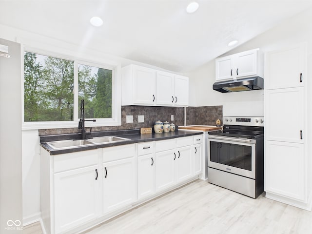 kitchen featuring electric stove, under cabinet range hood, a sink, tasteful backsplash, and vaulted ceiling
