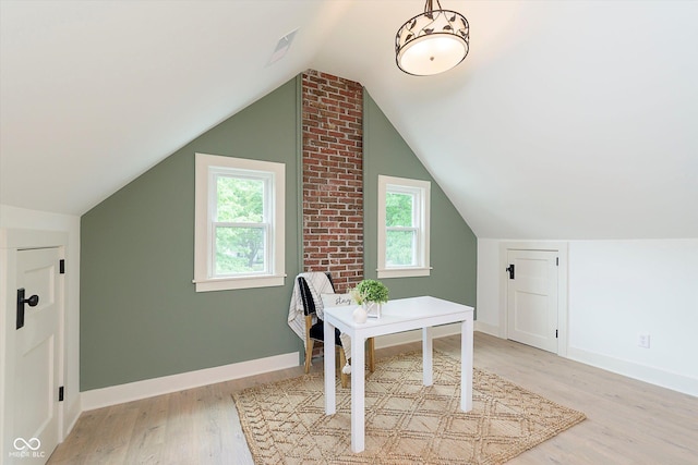 1502 Burdsal Pkwy, Indianapolis, IN 46208 - home office with light wood-type flooring, baseboards, and vaulted ceiling