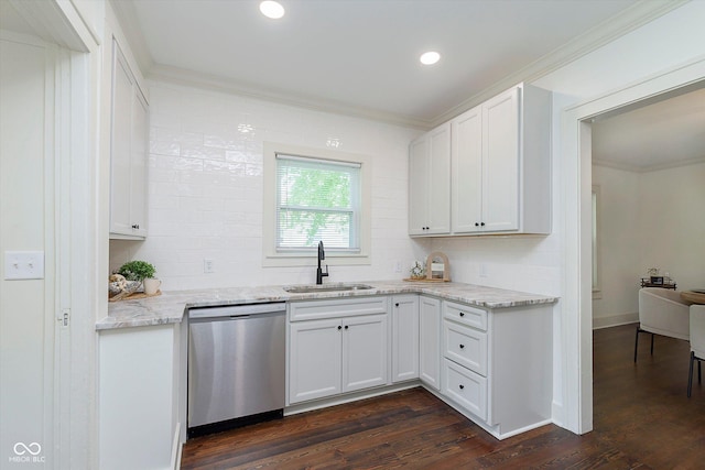 1502 Burdsal Pkwy, Indianapolis, IN 46208 - kitchen featuring dishwasher, a sink, crown molding, backsplash, and light stone counters