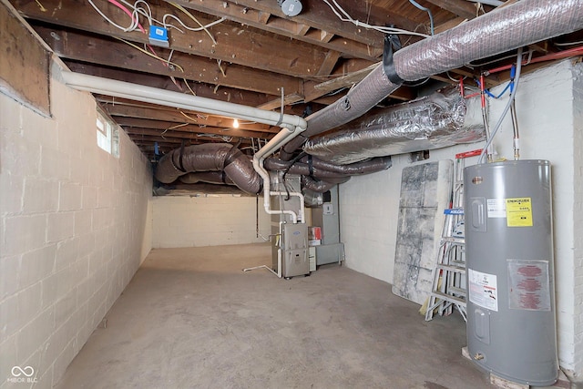 1502 Burdsal Pkwy, Indianapolis, IN 46208 - unfinished basement with electric water heater, heating unit, and concrete block wall
