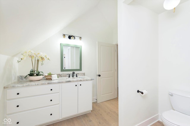 1502 Burdsal Pkwy, Indianapolis, IN 46208 - bathroom featuring toilet, vanity, wood finished floors, vaulted ceiling, and baseboards