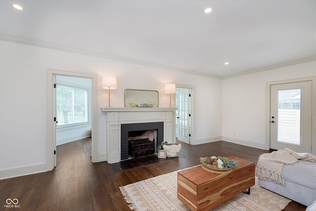 1502 Burdsal Pkwy, Indianapolis, IN 46208 - living area featuring ornamental molding, baseboards, a brick fireplace, dark wood-type flooring, and recessed lighting