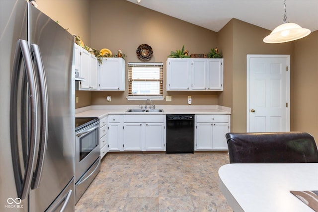 3630 Foxtail Dr, Indianapolis, IN 46235 - kitchen with appliances with stainless steel finishes, a sink, vaulted ceiling, white cabinetry, and light countertops