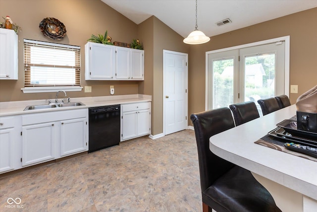 3630 Foxtail Dr, Indianapolis, IN 46235 - kitchen featuring dishwasher, a sink, white cabinetry, and lofted ceiling