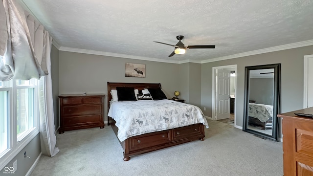80 E College Ave, Martinsville, IN 46151 - bedroom featuring light carpet, ornamental molding, baseboards, a ceiling fan, and a textured ceiling
