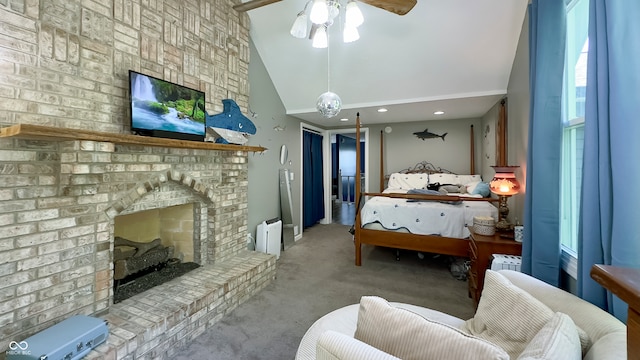 80 E College Ave, Martinsville, IN 46151 - carpeted bedroom with high vaulted ceiling and a brick fireplace