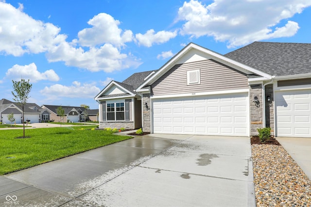 104 Maxim Ct, Cumberland, IN 46229 - ranch-style house with stone siding, driveway, a front lawn, and an attached garage