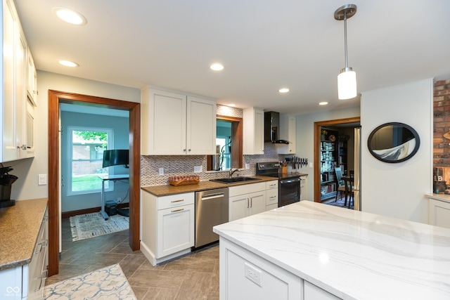 1541 Stadium Dr, Seymour, IN 47274 - kitchen featuring black / electric stove, stainless steel dishwasher, tasteful backsplash, white cabinets, and wall chimney range hood
