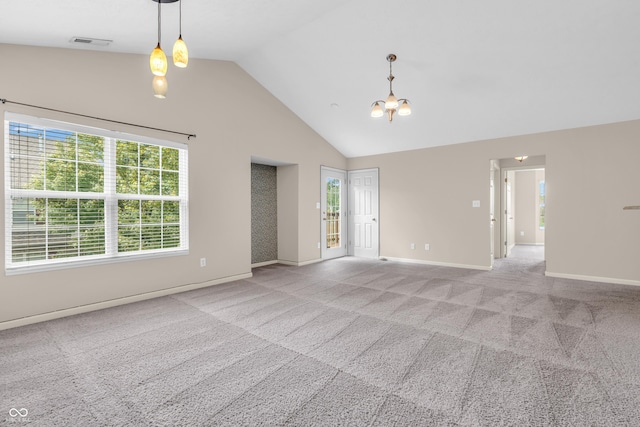 1139 Fernwood Way, Plainfield, IN 46168 - spare room with baseboards, a chandelier, light carpet, and high vaulted ceiling