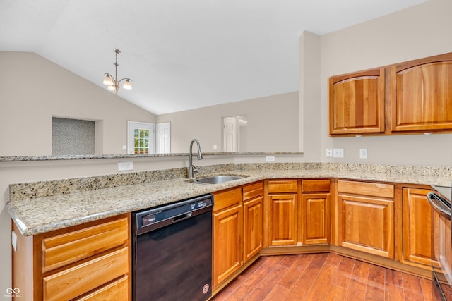 1139 Fernwood Way, Plainfield, IN 46168 - kitchen with black appliances, a sink, light stone counters, and vaulted ceiling