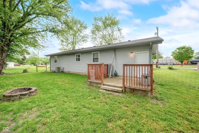 201 Hayden Pike, North Vernon, IN 47265 - back of property with a fire pit, a wooden deck, and central AC