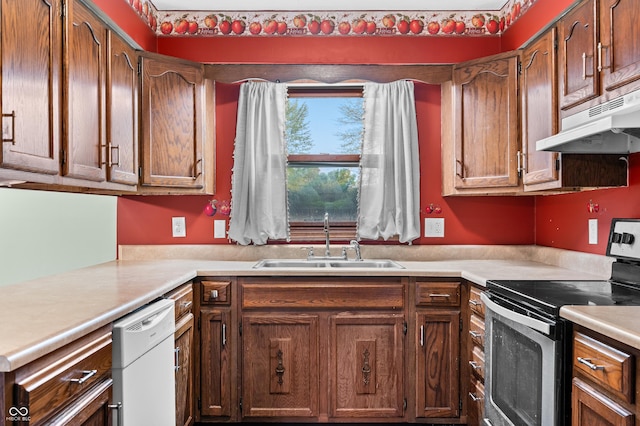 201 Hayden Pike, North Vernon, IN 47265 - kitchen featuring stainless steel electric stove, a sink, dishwasher, under cabinet range hood, and light countertops