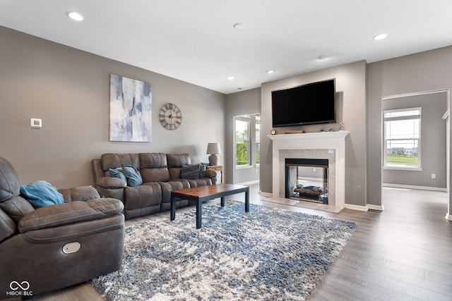 4659 W Otway Ln, New Palestine, IN 46163 - living area with wood finished floors, recessed lighting, baseboards, and a high end fireplace
