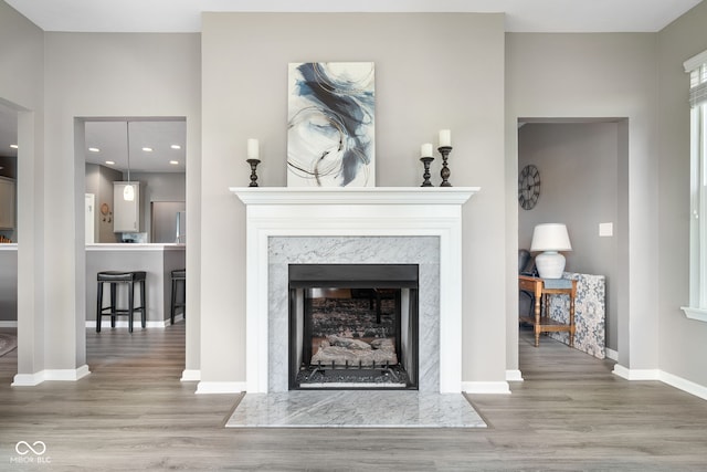 4659 W Otway Ln, New Palestine, IN 46163 - detailed view of wood finished floors, a high end fireplace, baseboards, and recessed lighting
