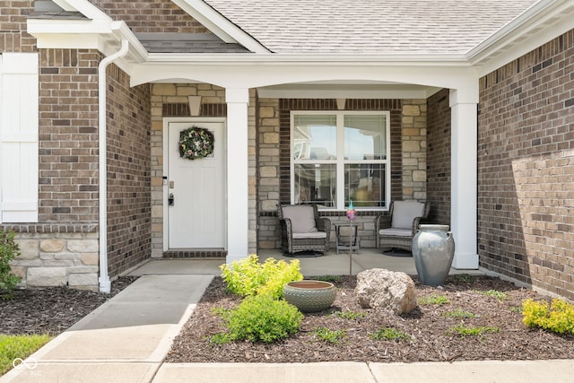 4659 W Otway Ln, New Palestine, IN 46163 - entrance to property featuring covered porch, a shingled roof, brick siding, and stone siding