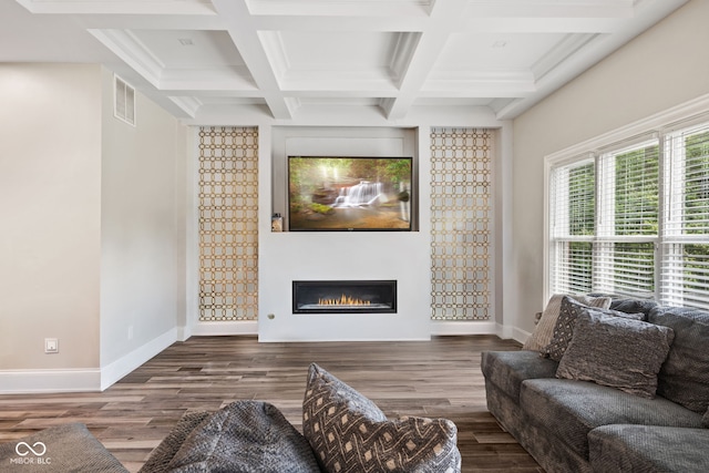 6230 E 56th St, Indianapolis, IN 46226 - living area featuring baseboards, a glass covered fireplace, beamed ceiling, wood finished floors, and coffered ceiling