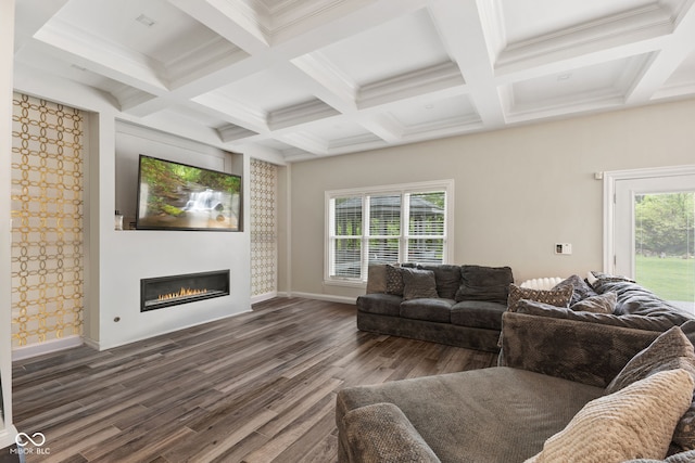 6230 E 56th St, Indianapolis, IN 46226 - living room featuring dark wood finished floors, beam ceiling, coffered ceiling, a glass covered fireplace, and baseboards